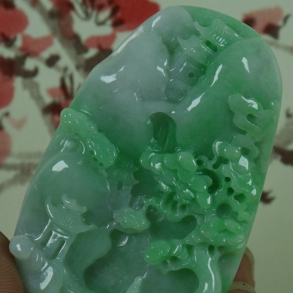 Cert'd Green Natural A Jade jadeite Pendant Carved Landscape 山水 - Picture 2 of 8
